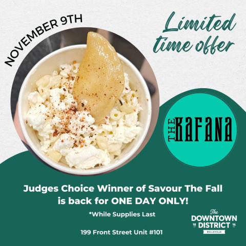 Did you miss your chance to try the Savour The Fall winners? This is your do-over moment!! 

This Saturday November 9th Judges Choice Award winner Kafana and People's Choice Award winner Frosty Bubble Bliss are offering their winning dishes for ONE DAY ONLY! 

Get Kafana's Ghost Pepper Pierogi Mac n’ Cheese and Frosty Bubble Bliss's Butter Chicken Mac while supplies last! 

@frostybubblebliss @thekafana