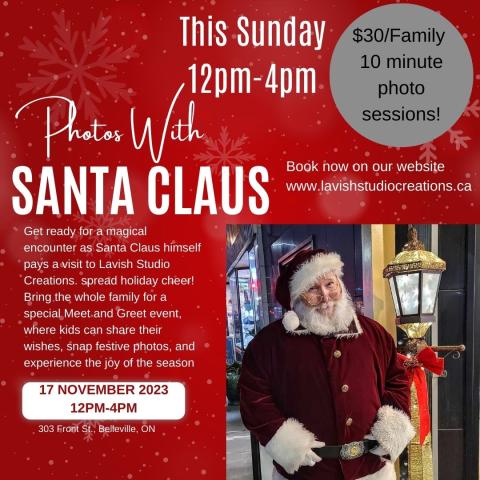 This Sunday, November 17th Santa is at @lavish_studio_creations from 12pm - 4pm $30 a Family for a 10 minute photo session! 🎅

If you and your family are looking for some festive photos to put on your cards this year, head over to 303 Front St, Belleville! Make sure to book ahead at www.lavishstudiocreations.ca

Immediately after head to Bridge Street for the Belleville Santa Claus Parade starting at 4pm! 🤩